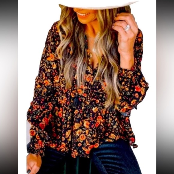Gorgeous Floral Deep V Neck Flounce Design Gorgeous Formal Cow Girl Black Shirt - Picture 8 of 15